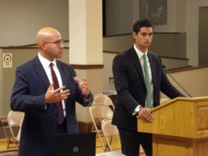 Sean Coleman and Nicholas Gomes, partners in Green Speed Delivery, explain plans to establish a cannabis delivery and manufacturing business at 41 Exchange St. The pair presented details of their proposal at the most recent meeting of the town’s Board of Planning and Community Development. ATHOL DAILY NEWS/GREG VINE