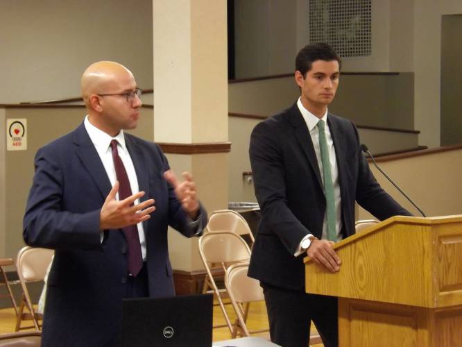 Sean Coleman and Nicholas Gomes, partners in Green Speed Delivery, explain plans to establish a cannabis delivery and manufacturing business at 41 Exchange St. The pair presented details of their proposal at the most recent meeting of the town’s Board of Planning and Community Development. ATHOL DAILY NEWS/GREG VINE
